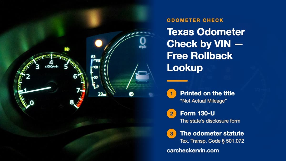 A lit car instrument cluster in Texas, where the odometer reading is checked against the vehicle's history