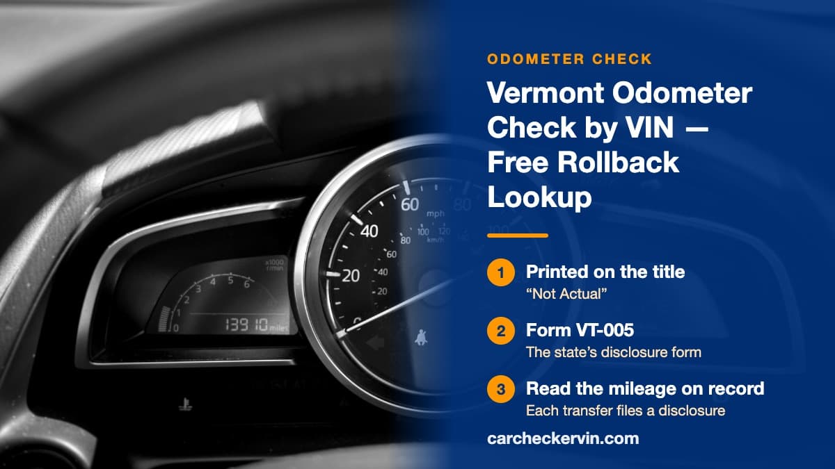 A black and white car speedometer in Vermont with an odometer reading 13,910 miles