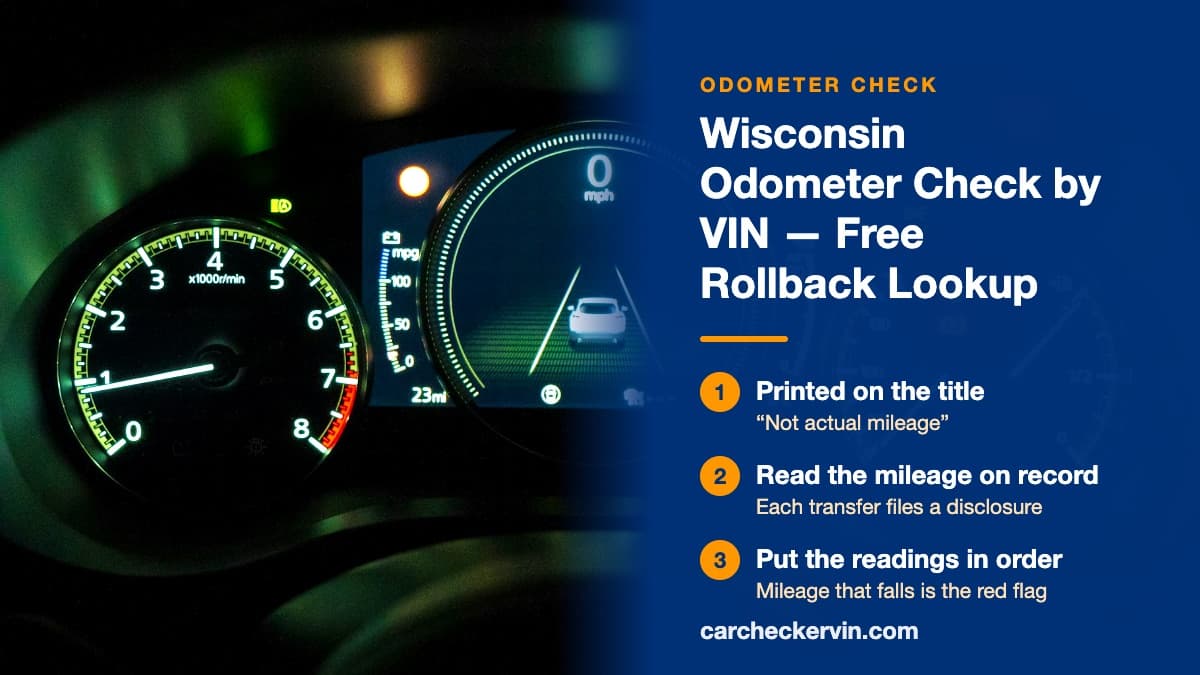 A lit car instrument cluster in Wisconsin, where the odometer reading is checked against the vehicle's history