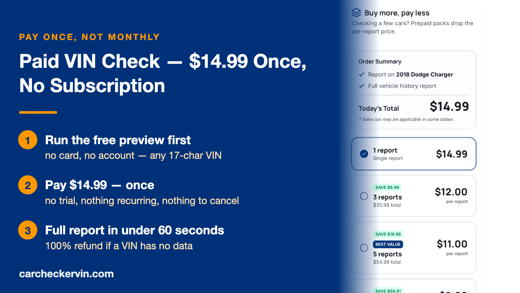 One-time paid VIN check flow shown over the real report preview