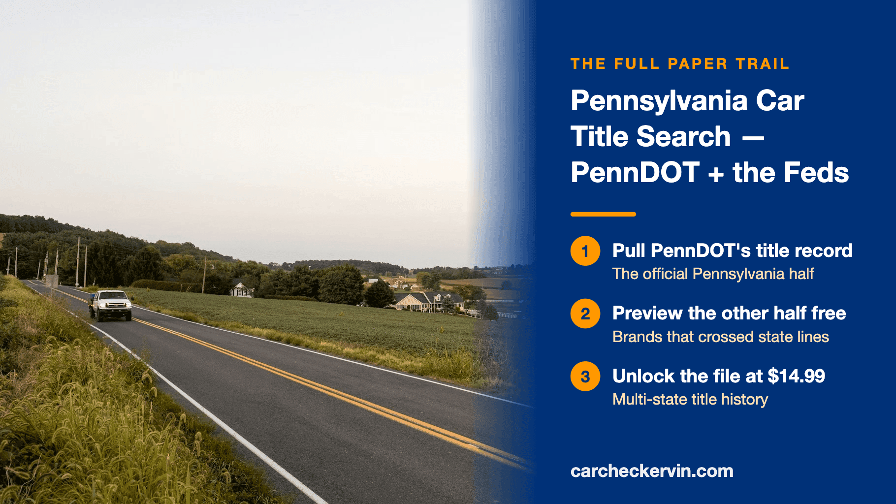 Rural Pennsylvania road with car title search steps panel