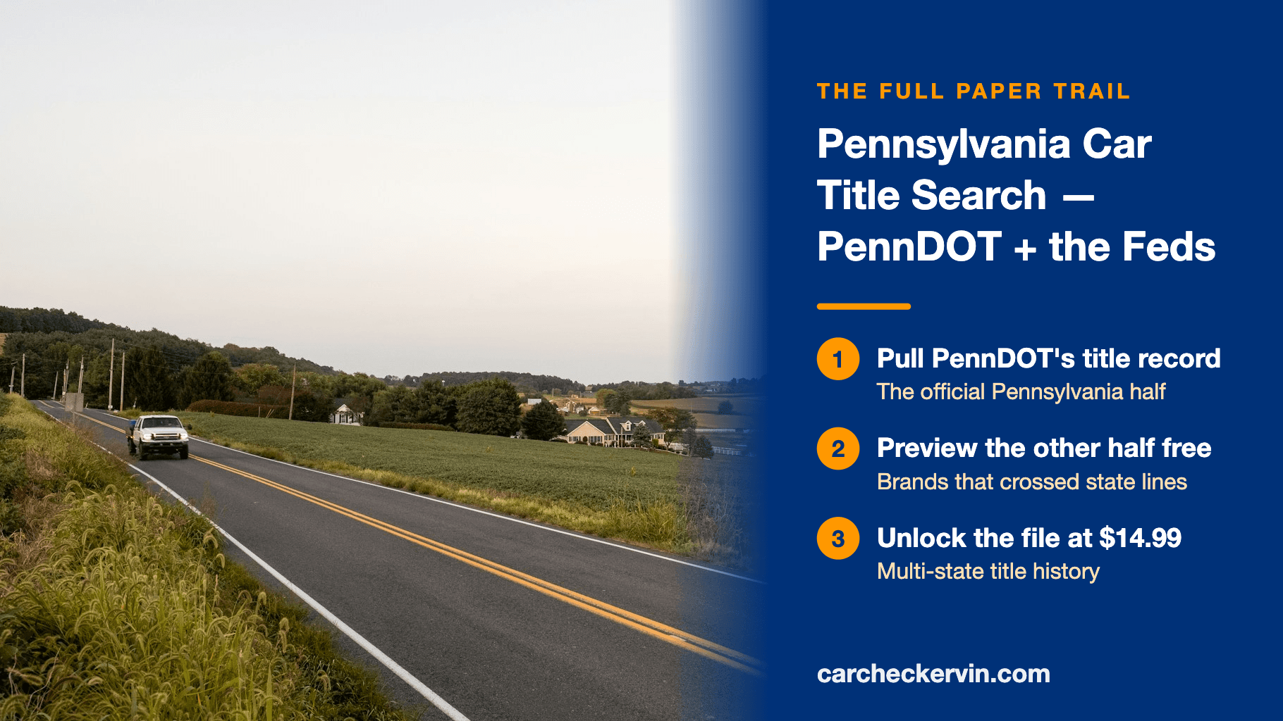 Rural Pennsylvania road with car title search steps panel