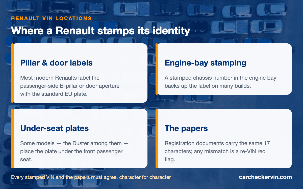 The four places a Renault's identity lives — pillar label, engine-bay stamping, under-seat plate, and the papers