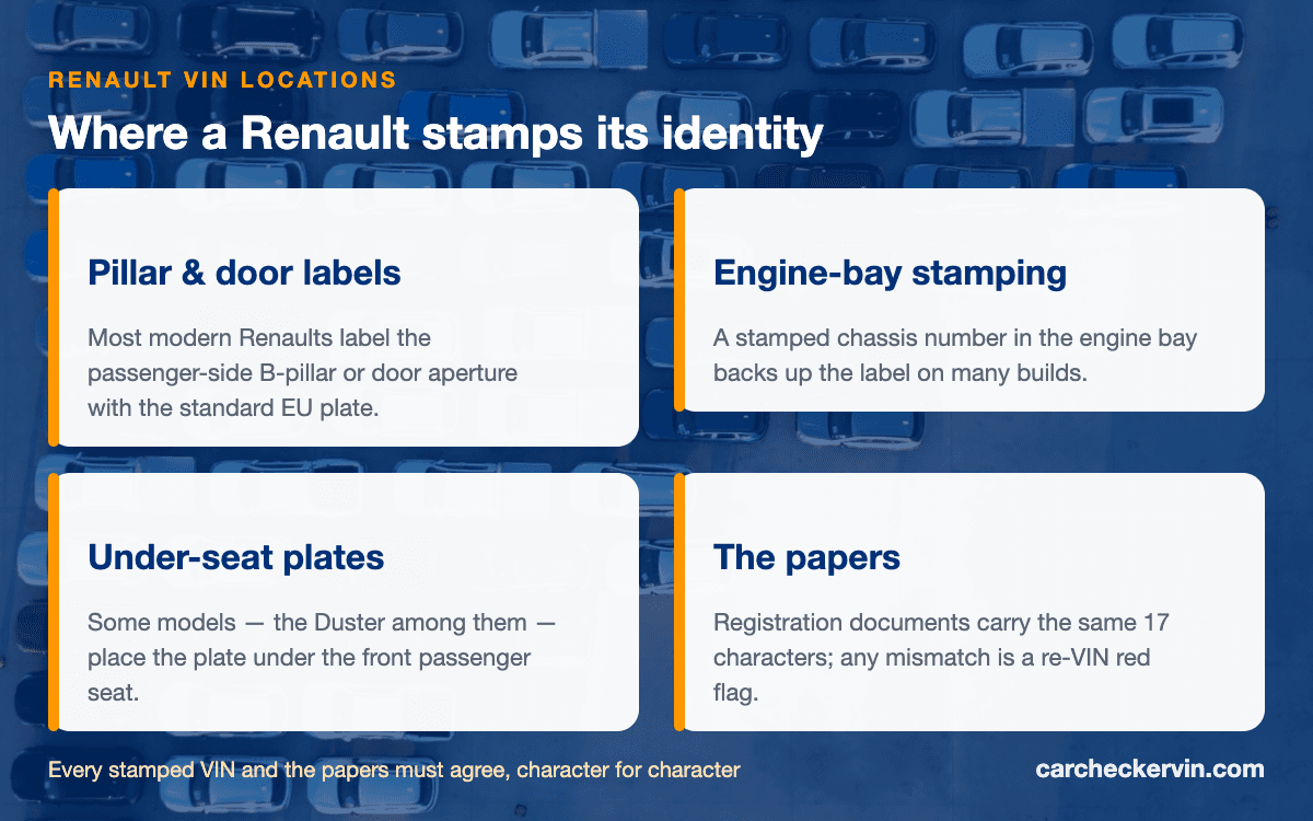 The four places a Renault's identity lives — pillar label, engine-bay stamping, under-seat plate, and the papers