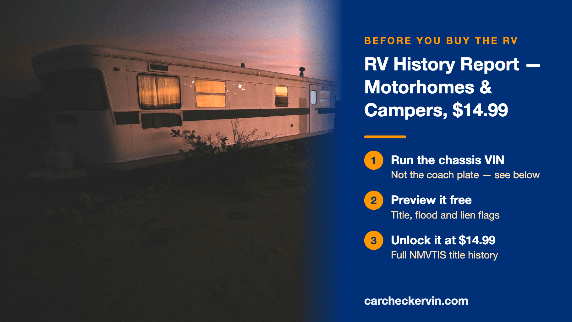 Vintage travel trailer at dusk with RV history report offer panel