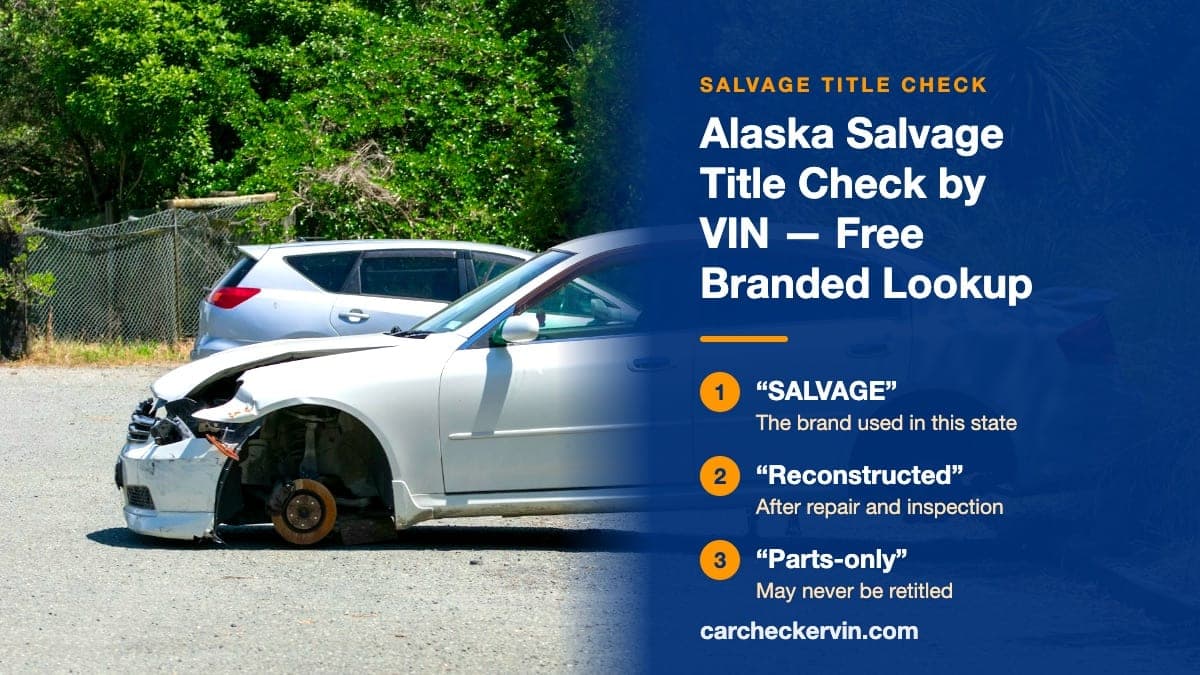 A wrecked sedan in Alaska resting on its hubs with the wheels removed and its front corner torn open