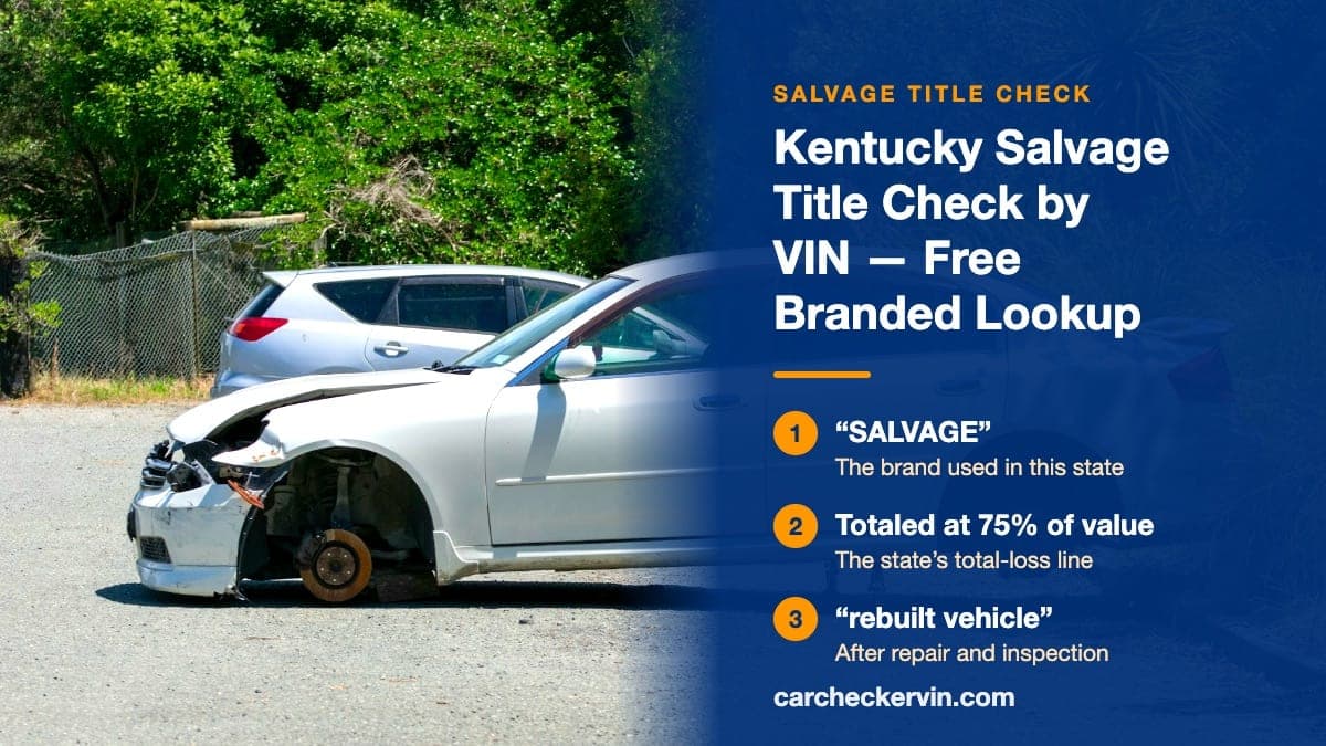 A wrecked sedan in Kentucky resting on its hubs with the wheels removed and its front corner torn open
