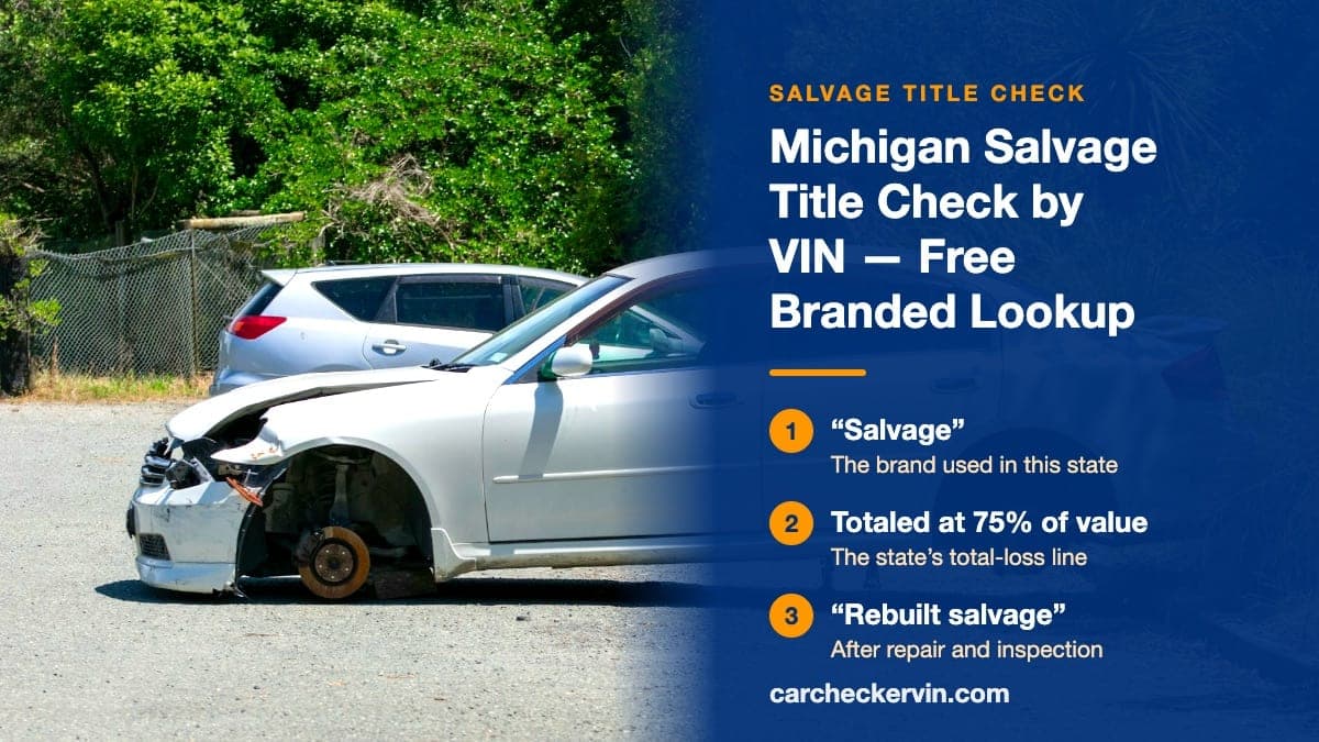 A wrecked sedan in Michigan resting on its hubs with the wheels removed and its front corner torn open