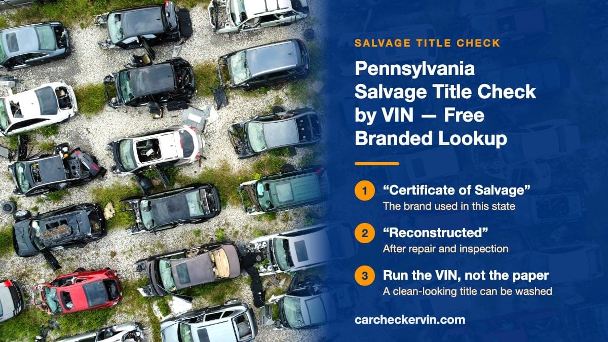 An aerial view of a salvage yard in Pennsylvania, rows of stripped and wrecked cars standing on gravel