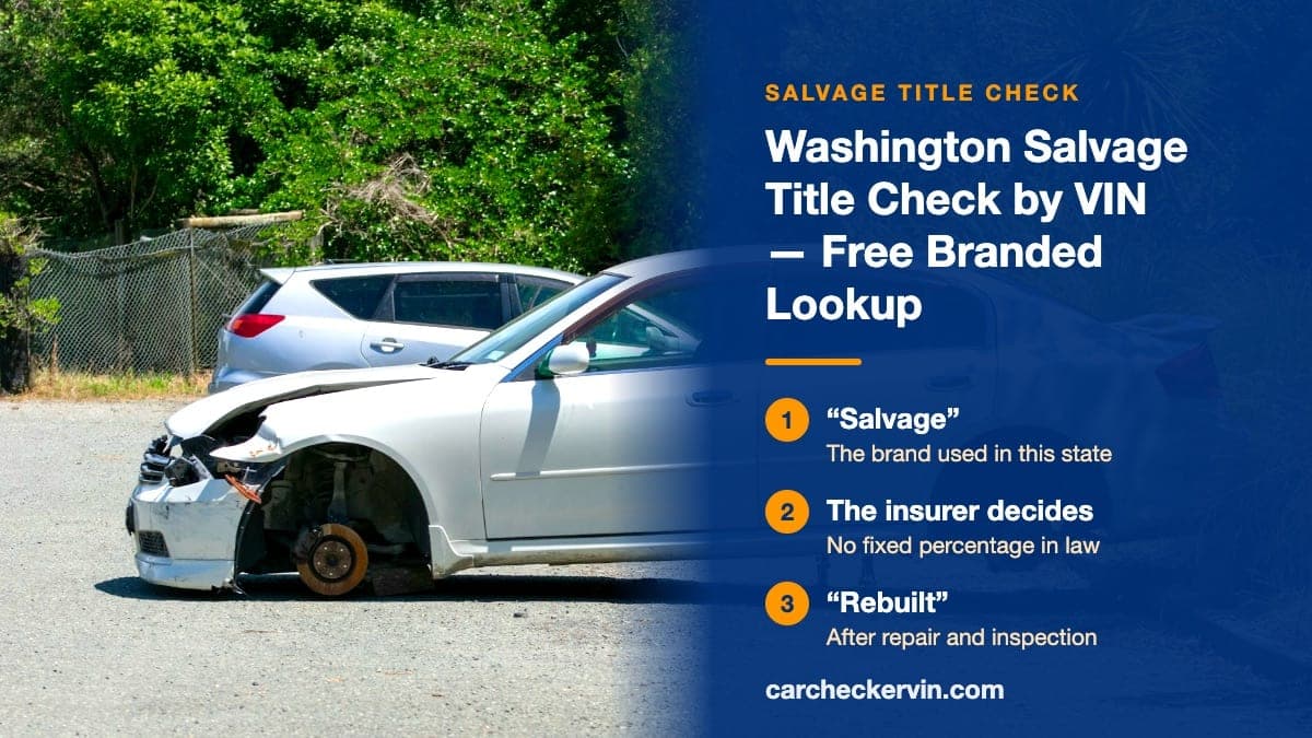 A wrecked sedan in Washington resting on its hubs with the wheels removed and its front corner torn open