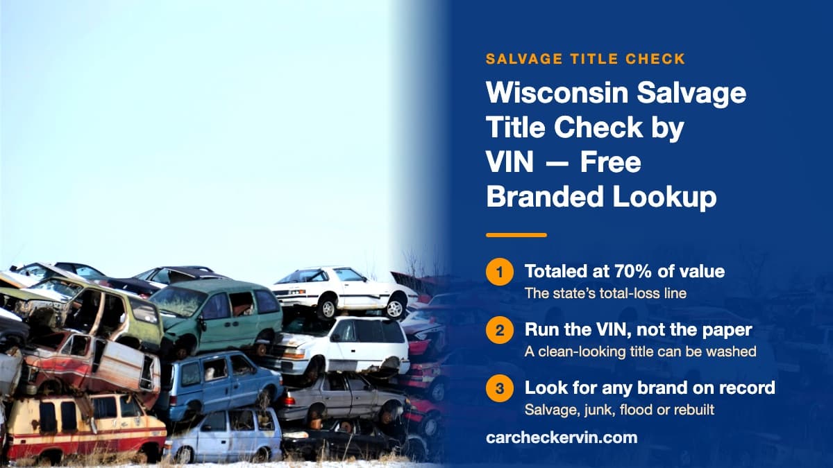 Wrecked cars stacked two and three high at a salvage yard in Wisconsin