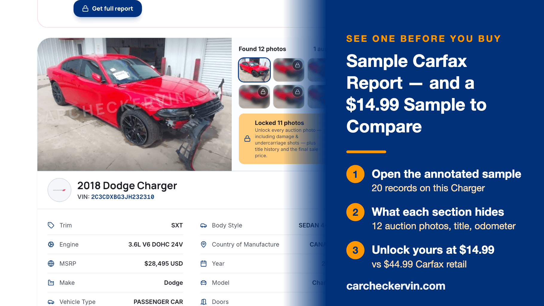 Annotated sample vehicle history report preview for a 2018 Dodge Charger