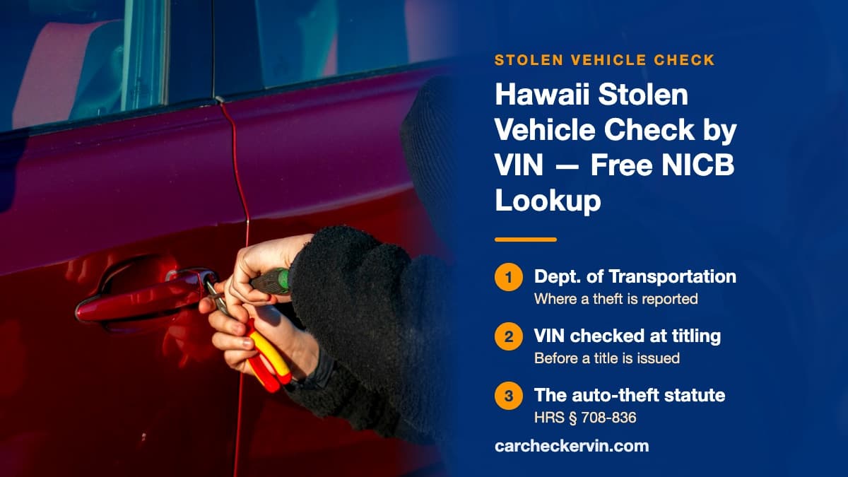 A break-in under way in Hawaii, hands working a screwdriver and pliers into the door handle of a red car