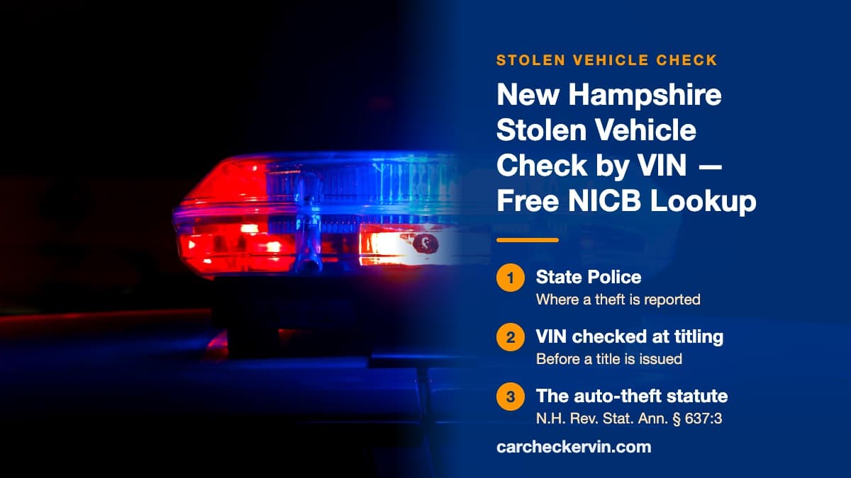 Police lights flashing red and blue on a dark street in New Hampshire