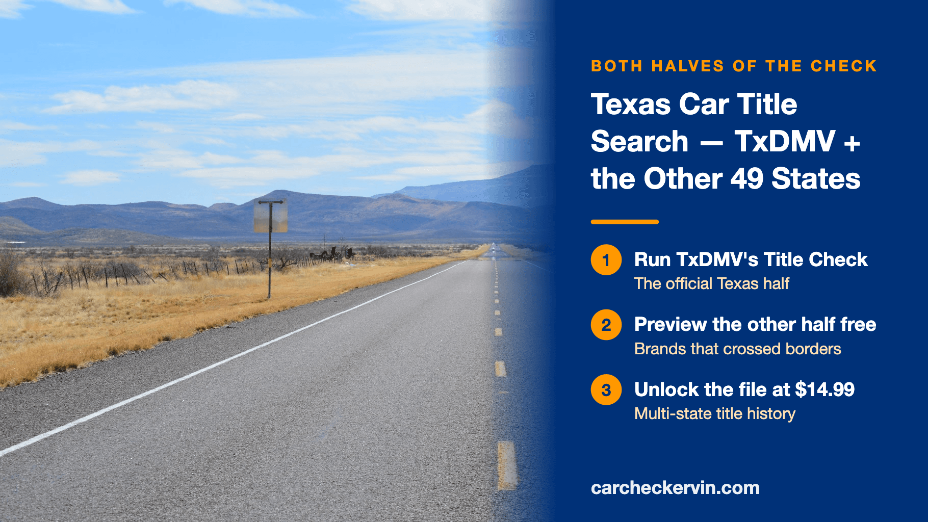 Empty Texas highway with car title search steps panel