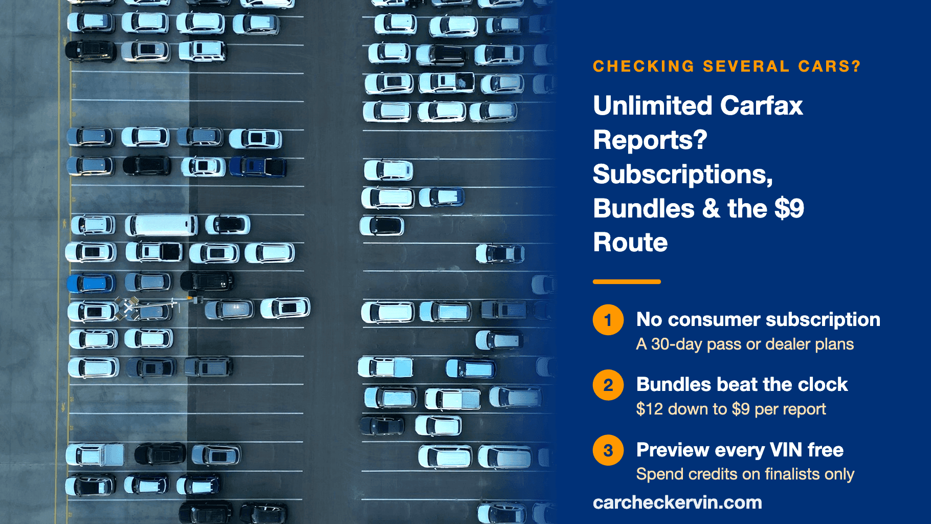 Aerial parking rows with unlimited Carfax report options panel