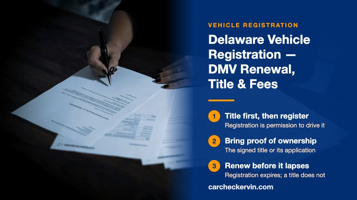 Registering a vehicle at the Delaware DMV with title and proof of ownership