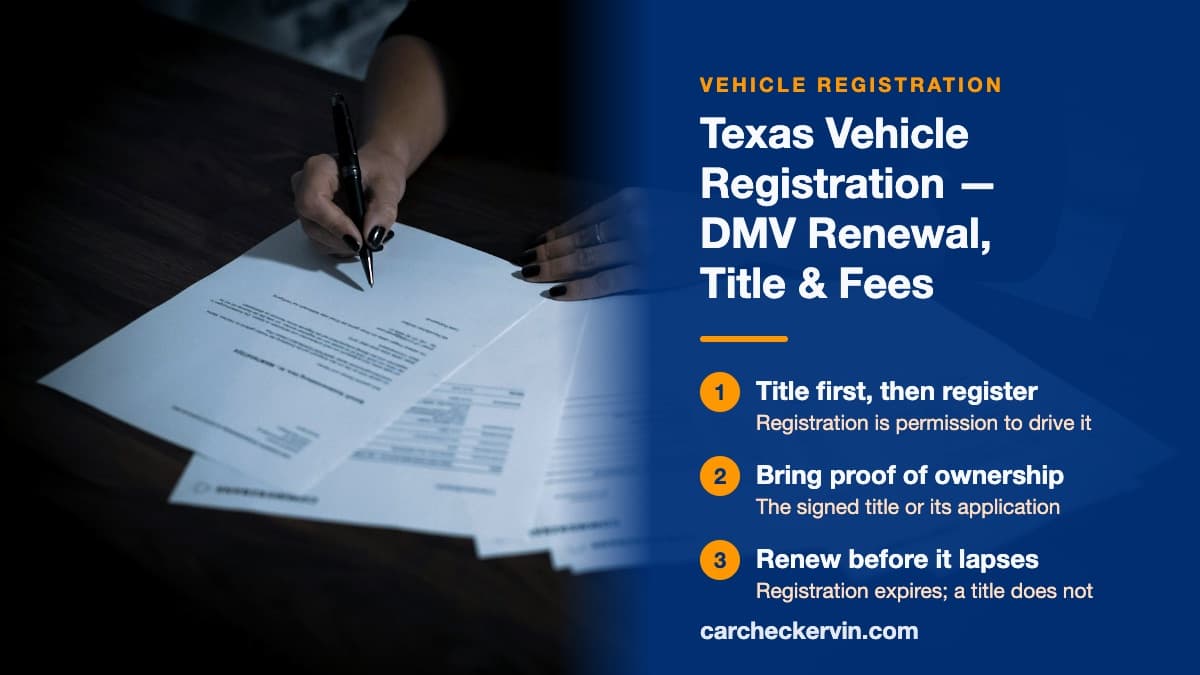 Registering a vehicle at the Texas DMV with title and proof of ownership