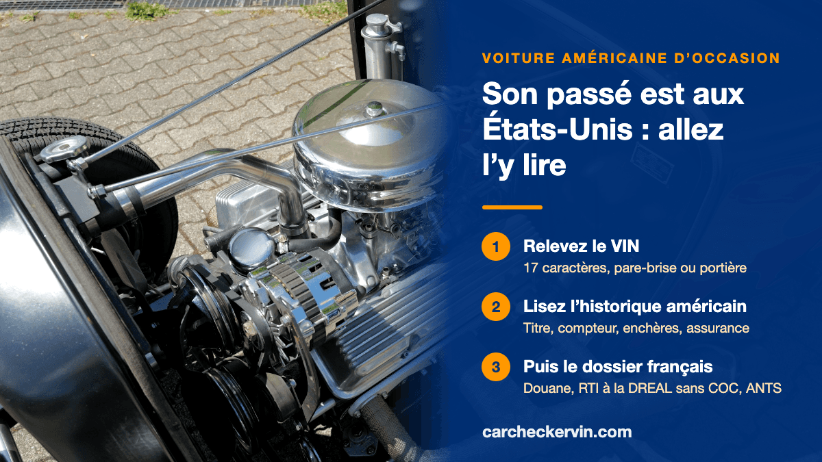 Moteur V8 chromé d'une voiture américaine et trois vérifications avant import