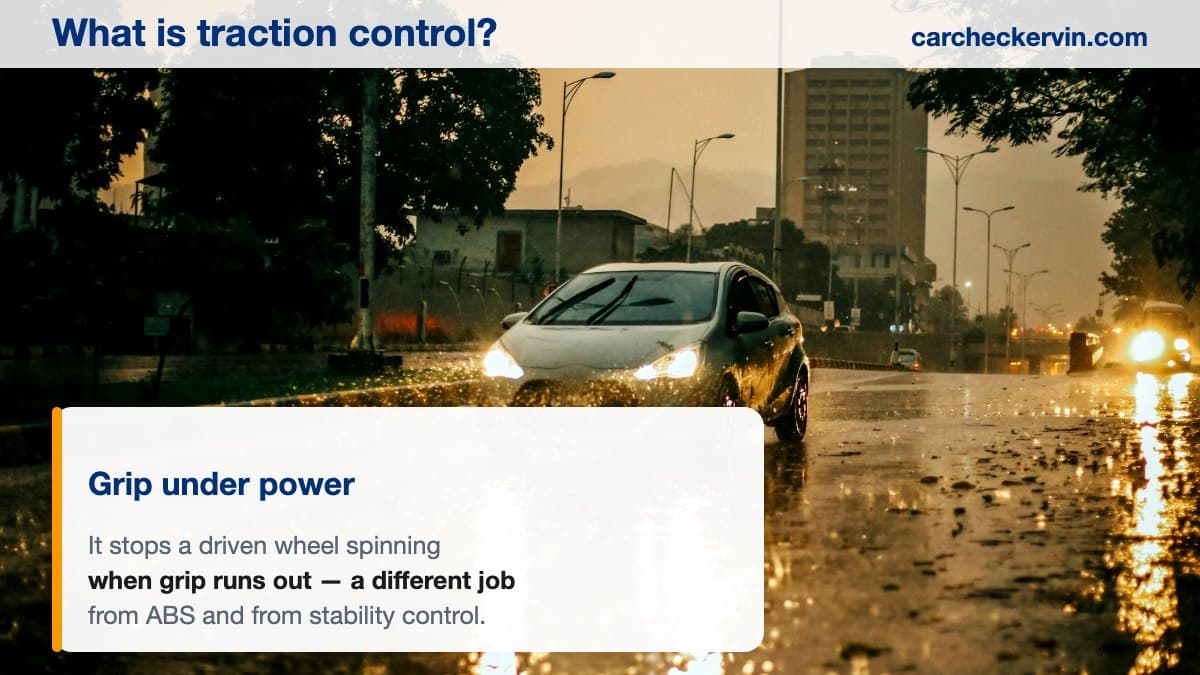 A car on a wet road, the conditions in which traction and stability systems intervene