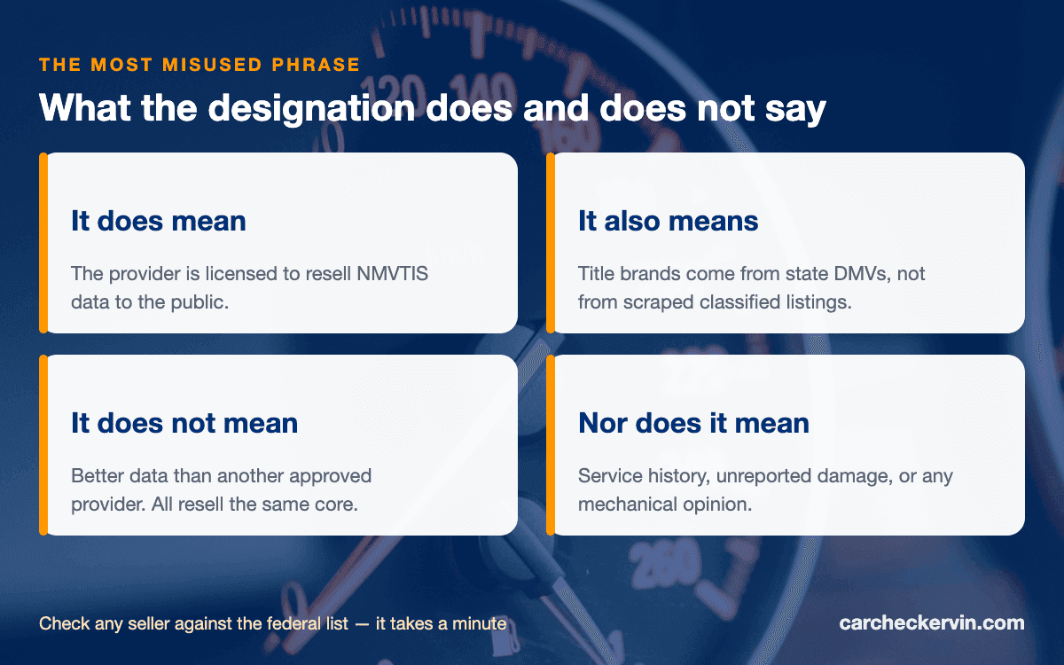 What NMVTIS approval guarantees and what it does not for a vehicle history report