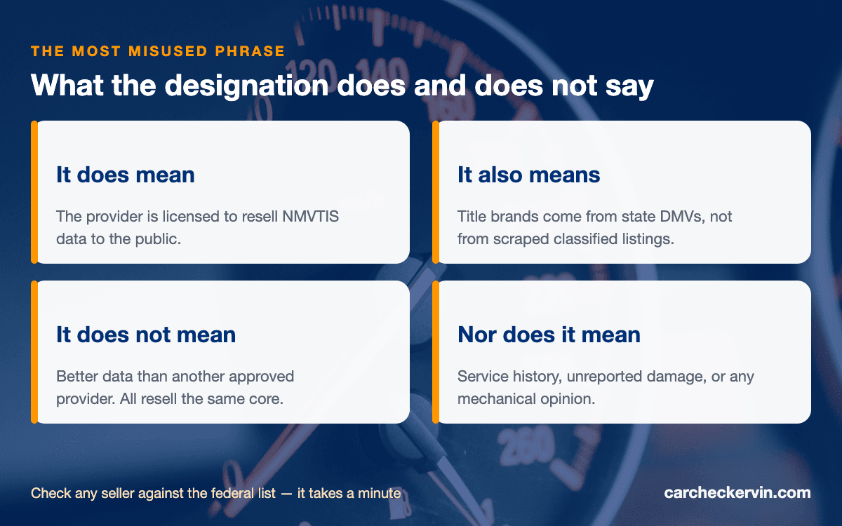 What NMVTIS approval guarantees and what it does not for a vehicle history report